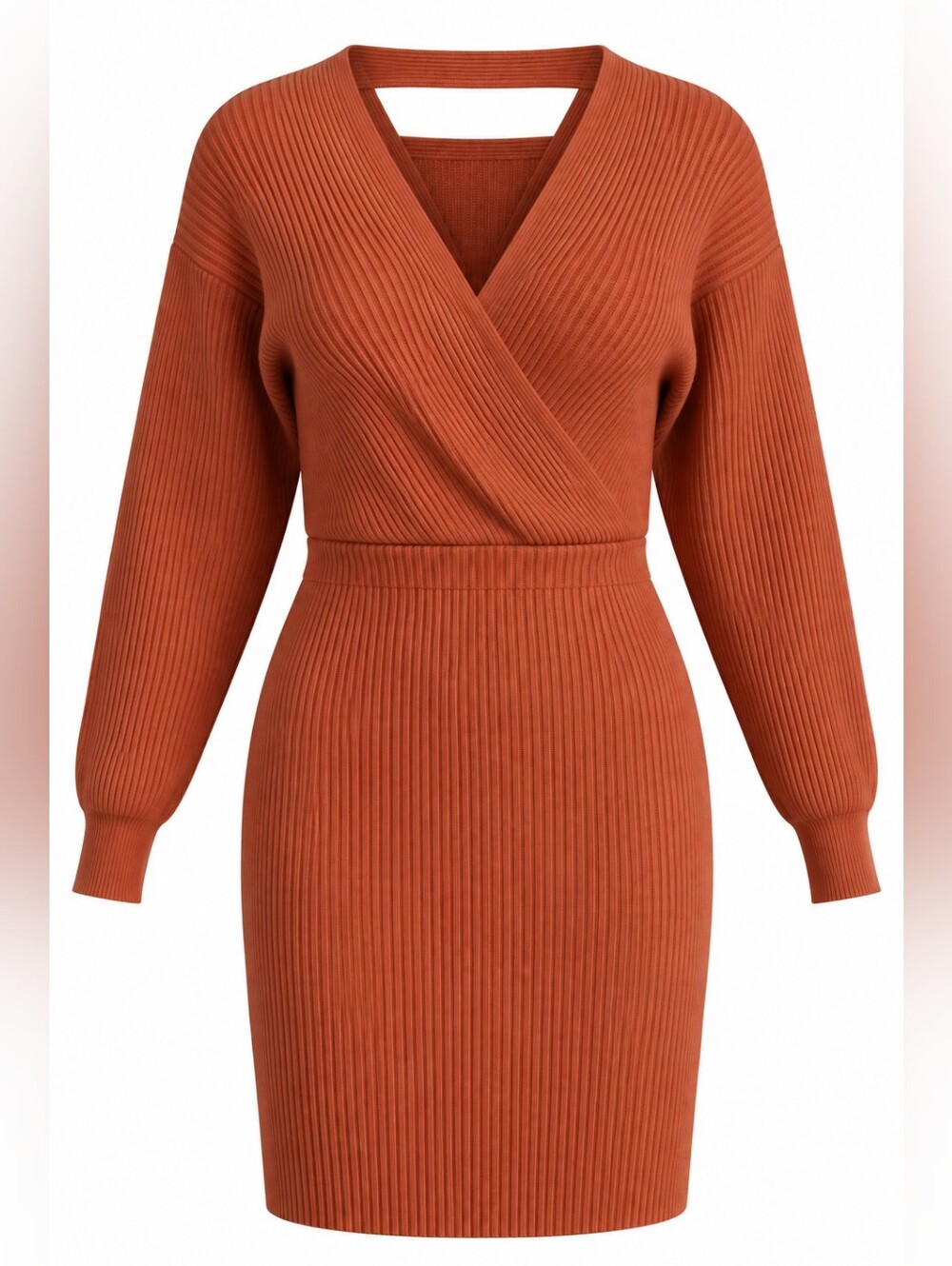 Rust Terracotta Ribbed Knit Sweater Dress Size L Stretchy V-Neck